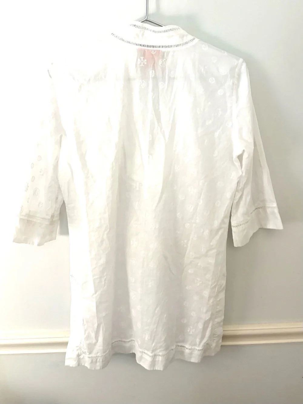 TORY BURCH Cotton/Linen Blend Split-Neck Sheer Tunic, white logo pattern